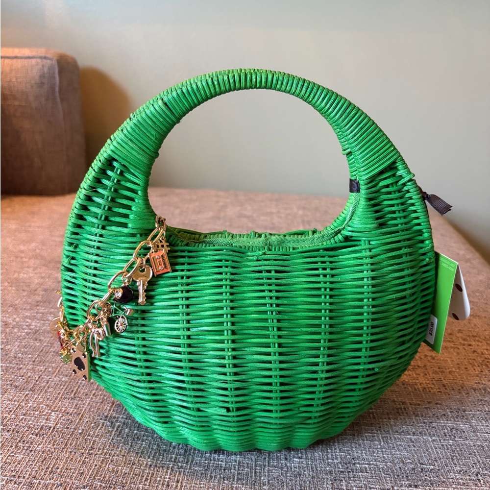 Vibrant Green Woven Clutch with Charm Bracelet